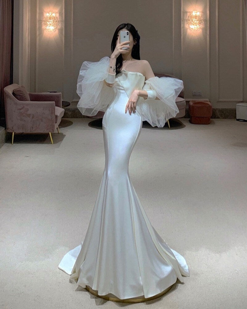 Custom off the shoulder Satin Mermaid Wedding Bridal Dress, Elegant Prom Party Gown with detachable Long sleeves Boho Princess Classic