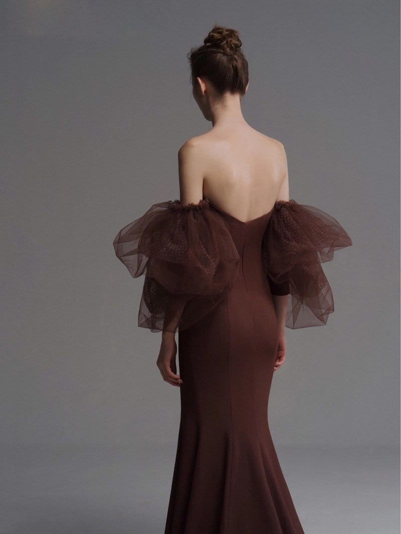 Custom off the shoulder Satin Mermaid Wedding Bridal Dress, Elegant Prom Party Gown with detachable Long sleeves Boho Princess Classic