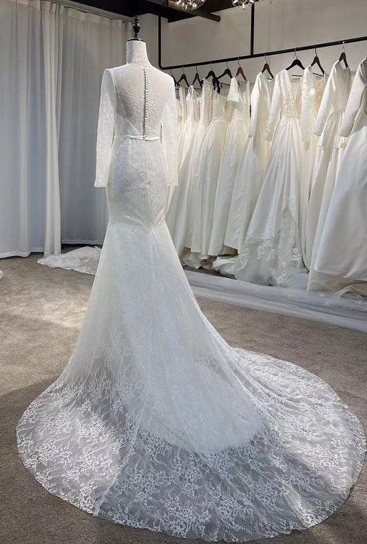 Long Sleeve Lace Mermaid Wedding Dress, romantic reception elopement dress for courthouse civil wedding