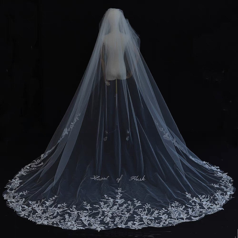 Unique Personalized Wedding Bridal Veil with Handmade flowers, phrases, words, letters, initials. Wedding gift for brides.