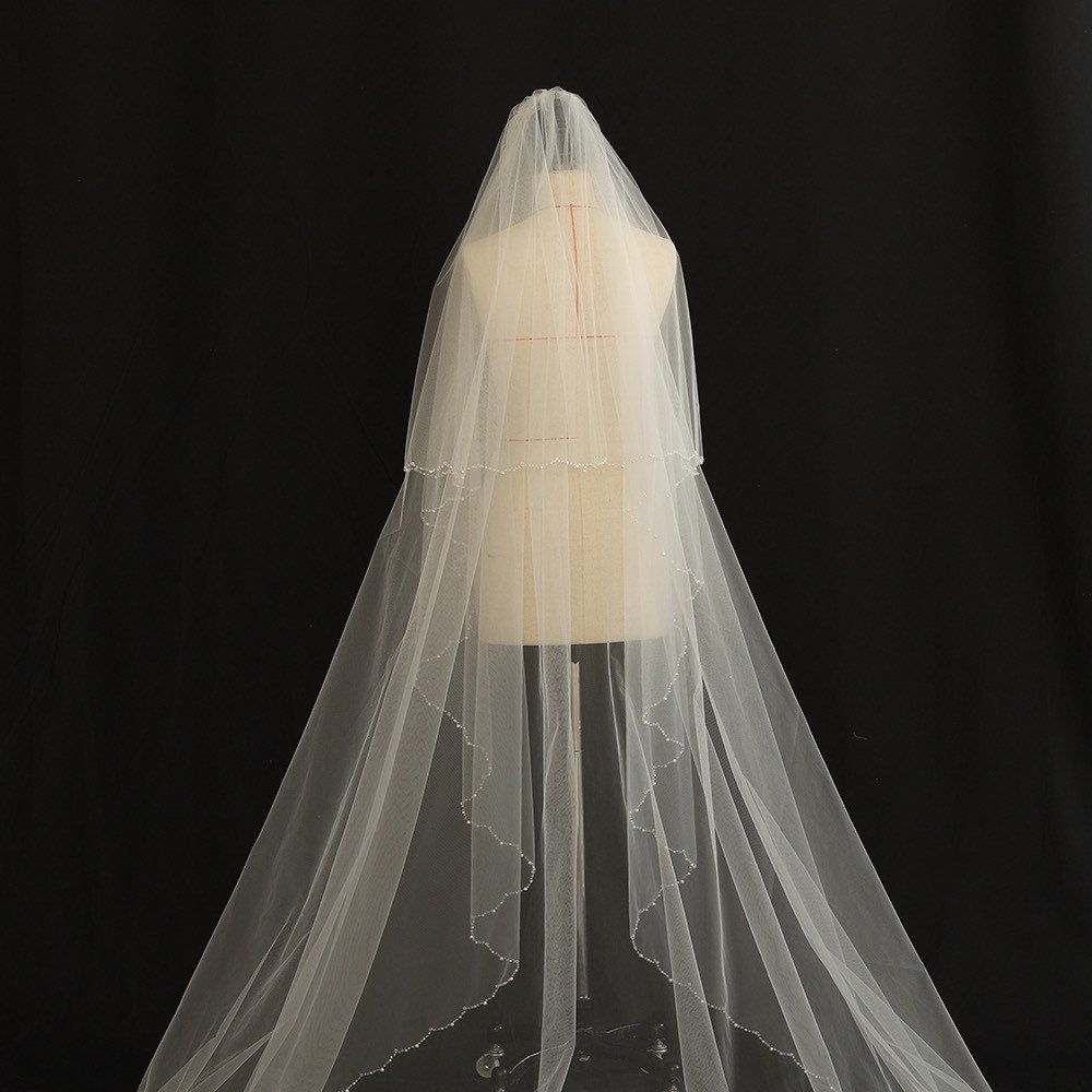 Beaded Wedding Bridal Veil with Customisable Hand sewing phrases, words, letters, initials. Unique Wedding gift for brides.