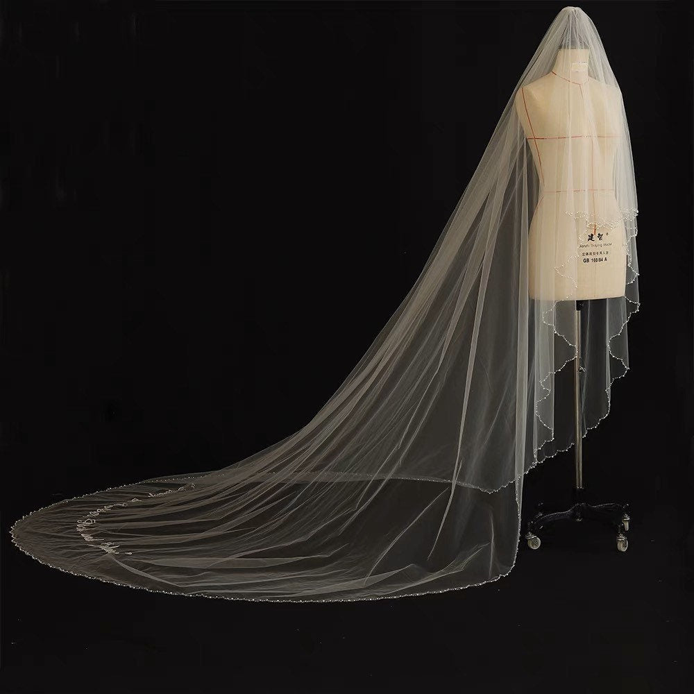 Beaded Wedding Bridal Veil with Customisable Hand sewing phrases, words, letters, initials. Unique Wedding gift for brides.