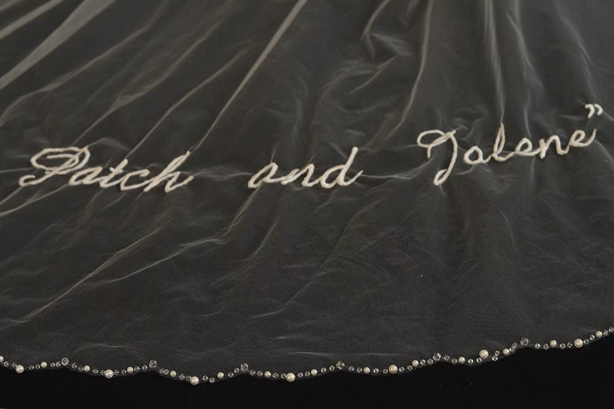Beaded Wedding Bridal Veil with Customisable Hand sewing phrases, words, letters, initials. Unique Wedding gift for brides.