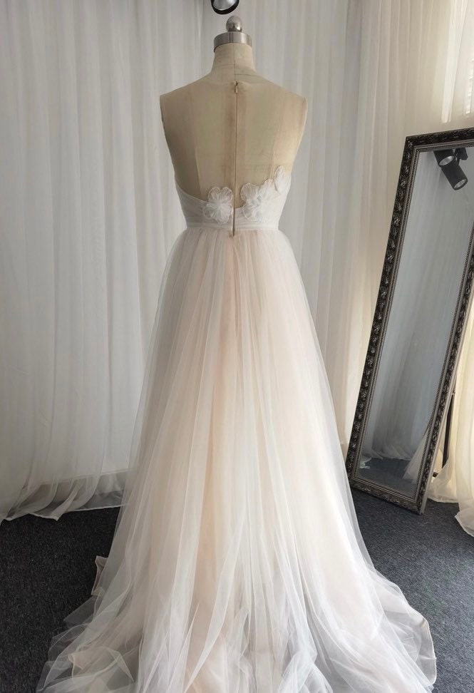 Fairy Floral A-line Tulle Wedding Bridal Dress, Custom Simple Boho Elegant Prom Party Gown