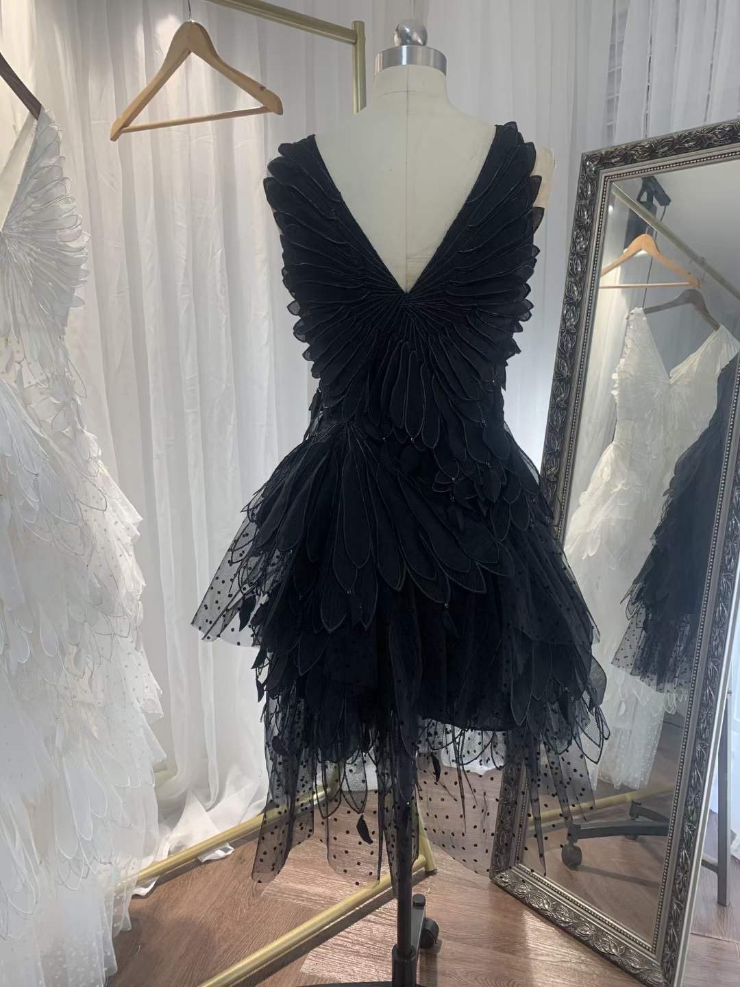 White/Black swan mini dress, Unique short wedding dresses, Rehearsal dinner dress, Elopement Dress, Bridal shower dress, Engagement dress