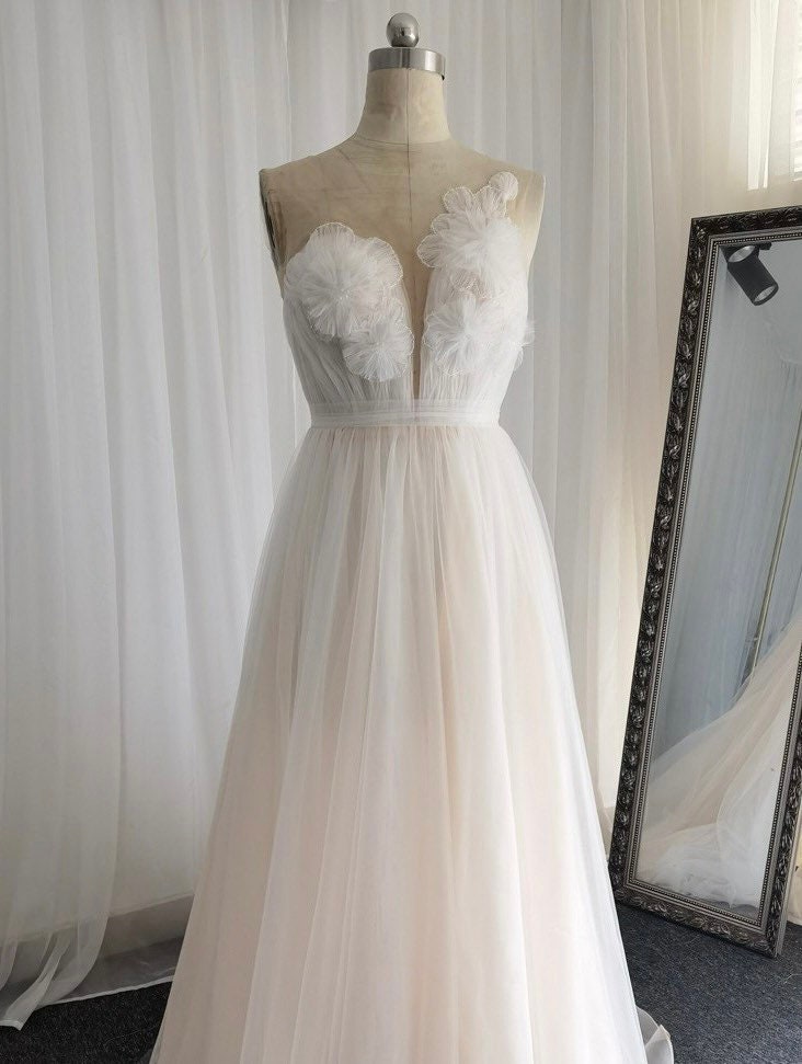 Fairy Floral A-line Tulle Wedding Bridal Dress, Custom Simple Boho Elegant Prom Party Gown