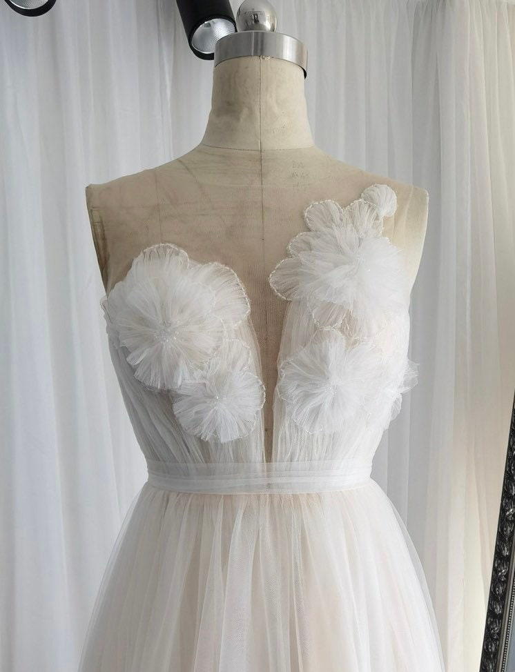 Fairy Floral A-line Tulle Wedding Bridal Dress, Custom Simple Boho Elegant Prom Party Gown