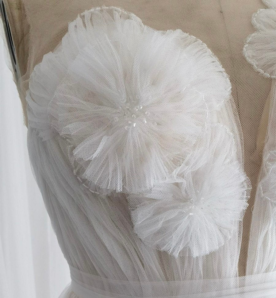 Fairy Floral A-line Tulle Wedding Bridal Dress, Custom Simple Boho Elegant Prom Party Gown