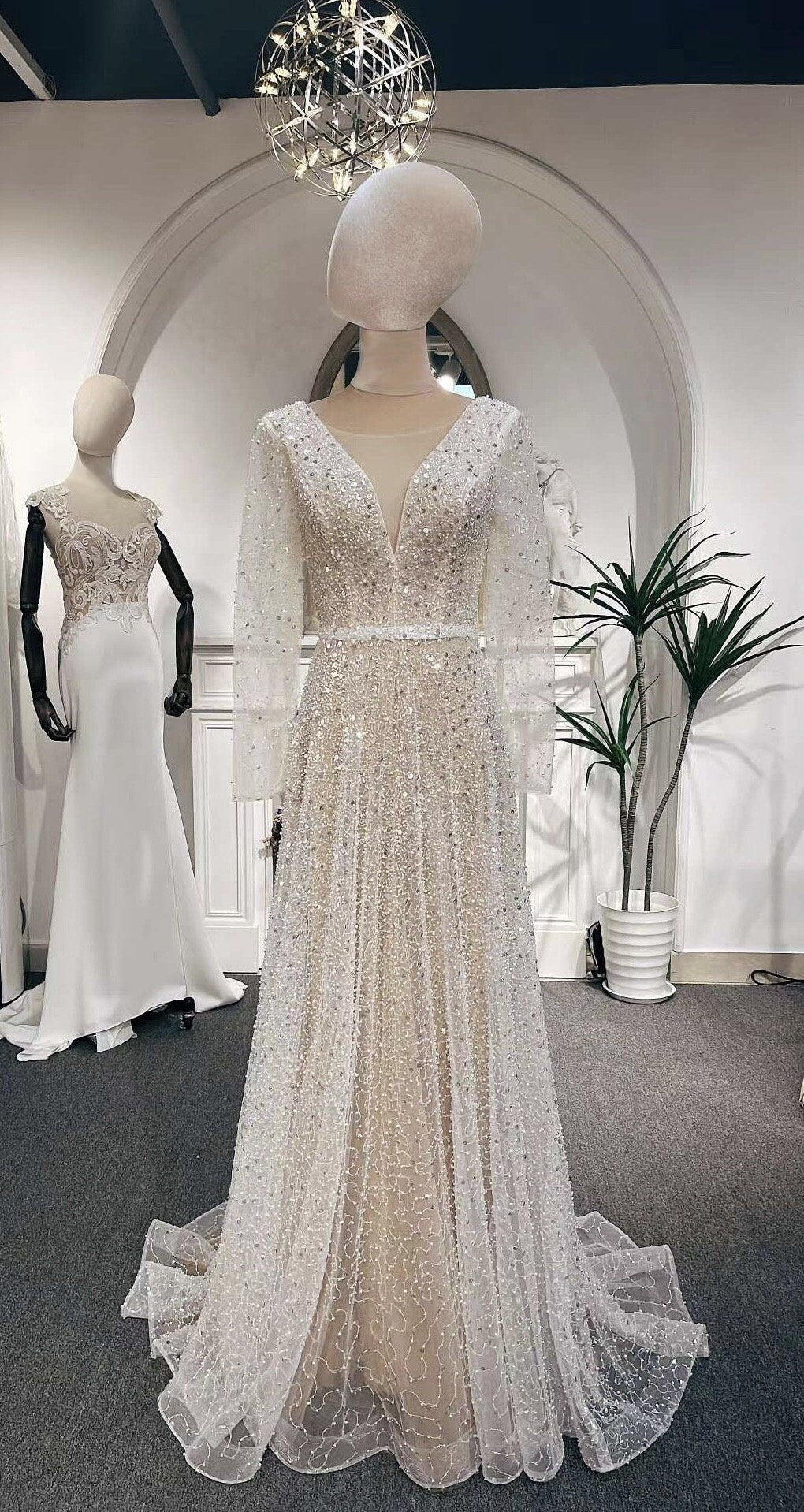 Long Sleeve Luxury Beaded Wedding Prom Dress, Custom v-neck sparkling Long Sleeve Luxury Beaded Wedding Prom Dress, Custom v-neck sparkling
