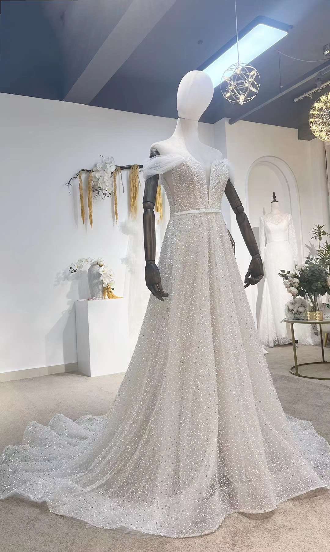 Off the shoulder luxury beaded wedding dress, custom unique a-line cou Shindig Threads Off the shoulder luxury beaded wedding dress, custom unique a-line cou Shindig Threads