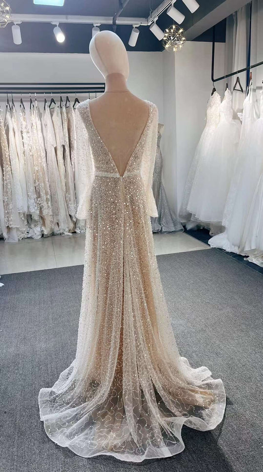Long Sleeve Luxury Beaded Wedding Prom Dress, Custom v-neck sparkling reception second wedding dress, courthouse wedding, cocktail dress