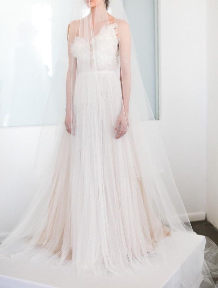 Fairy Floral A-line Tulle Wedding Bridal Dress, Custom Simple Boho Elegant Prom Party Gown