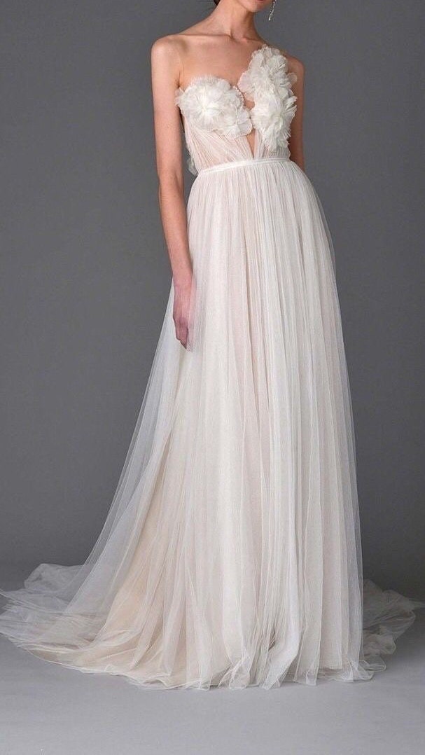 Fairy Floral A-line Tulle Wedding Bridal Dress, Custom Simple Boho Elegant Prom Party Gown