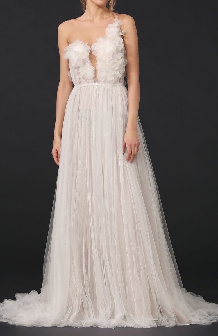 Fairy Floral A-line Tulle Wedding Bridal Dress, Custom Simple Boho Elegant Prom Party Gown