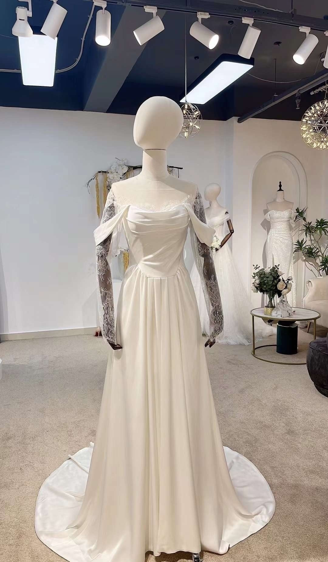 Sample Dress, Minimalist off the shoulder Ivory Satin Wedding Bridal Dress, Custom Long Sleeve Simple Elegant Prom Party Gown