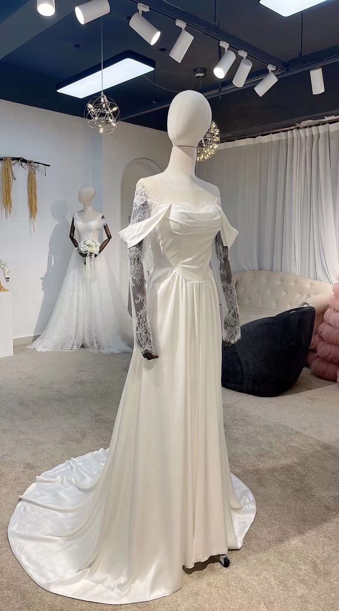 Sample Dress, Minimalist off the shoulder Ivory Satin Wedding Bridal Dress, Custom Long Sleeve Simple Elegant Prom Party Gown