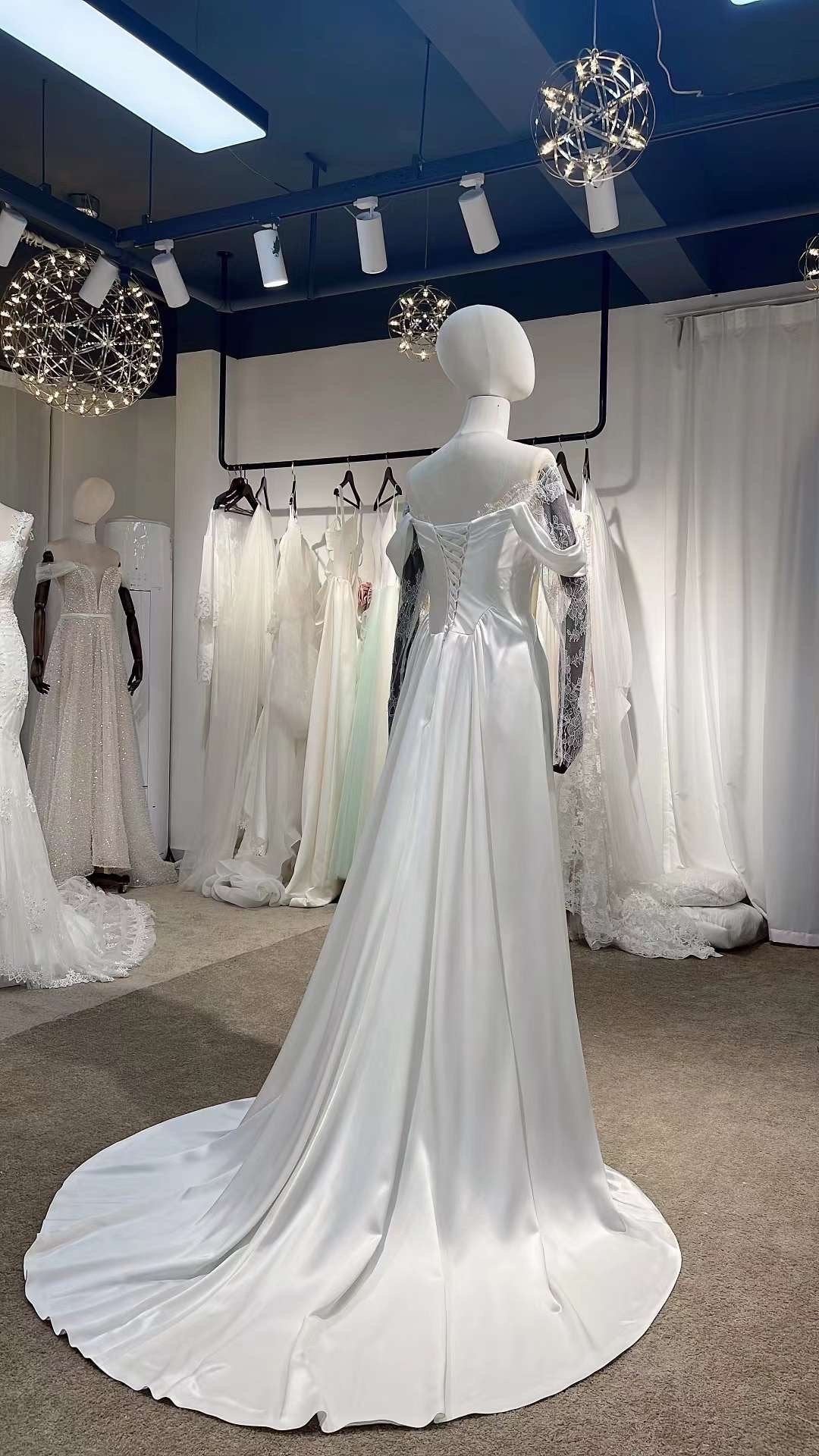 Sample Dress, Minimalist off the shoulder Ivory Satin Wedding Bridal Dress, Custom Long Sleeve Simple Elegant Prom Party Gown