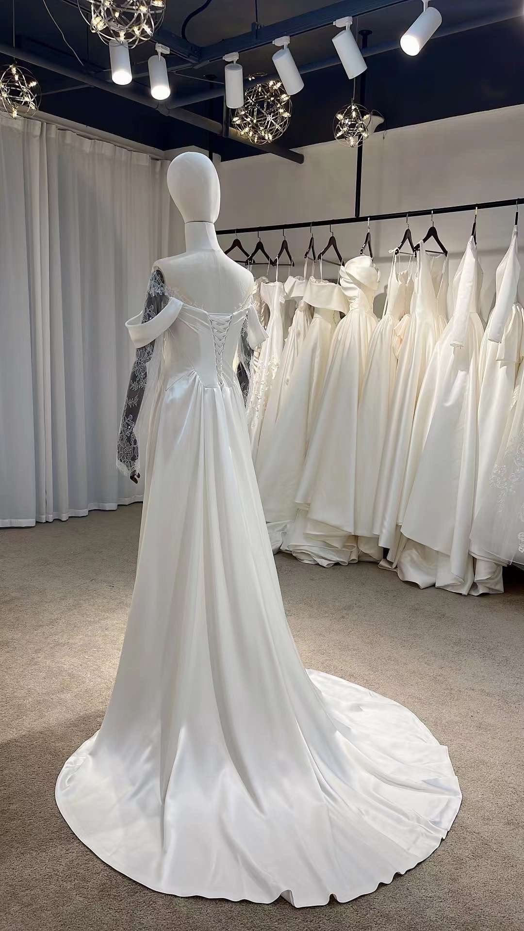 Sample Dress, Minimalist off the shoulder Ivory Satin Wedding Bridal Dress, Custom Long Sleeve Simple Elegant Prom Party Gown