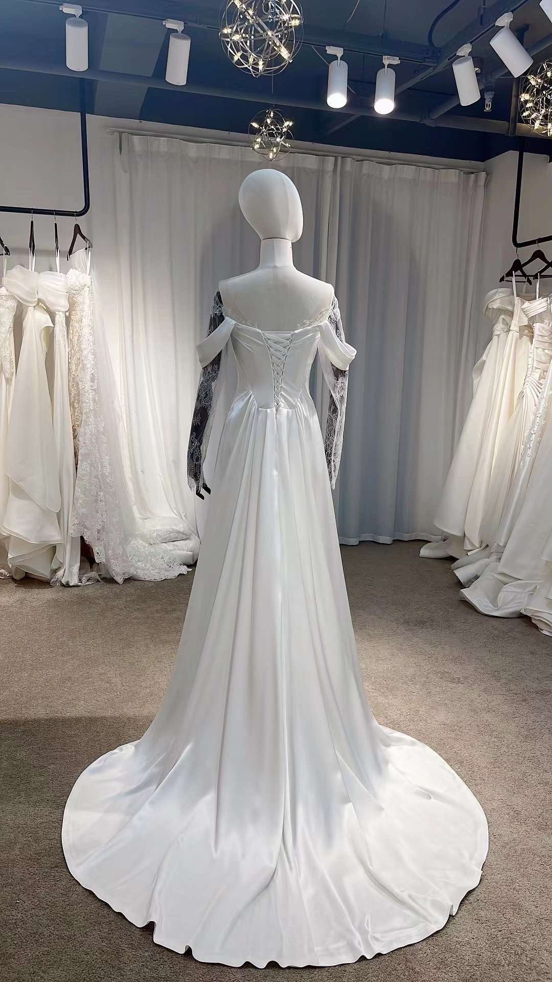 Sample Dress, Minimalist off the shoulder Ivory Satin Wedding Bridal Dress, Custom Long Sleeve Simple Elegant Prom Party Gown