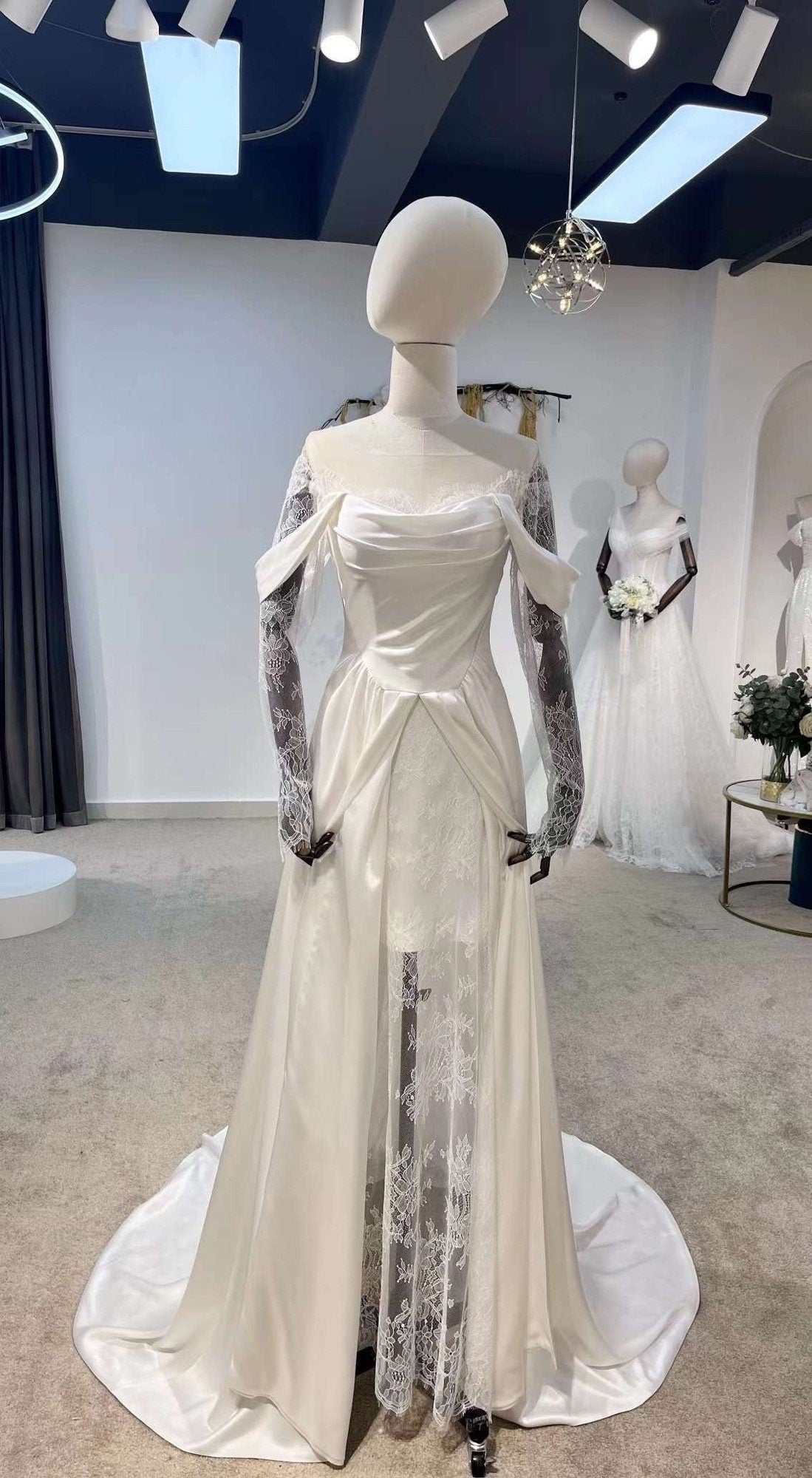 Minimalist off the shoulder Ivory Satin Wedding Bridal Dress, Custom L Shindig Threads Minimalist off the shoulder Ivory Satin Wedding Bridal Dress, Custom L Shindig Threads