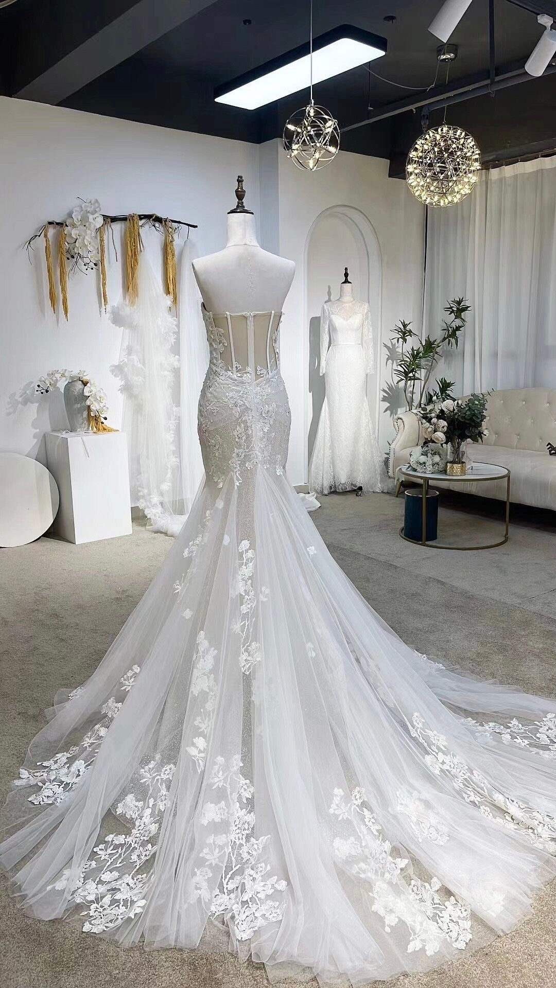 Fairy Corset Mermaid Wedding Bridal Dress, Custom Elegant Lace Gown, Unique Elopement Dress for Courthouse Wedding, Romentic Reception Dress
