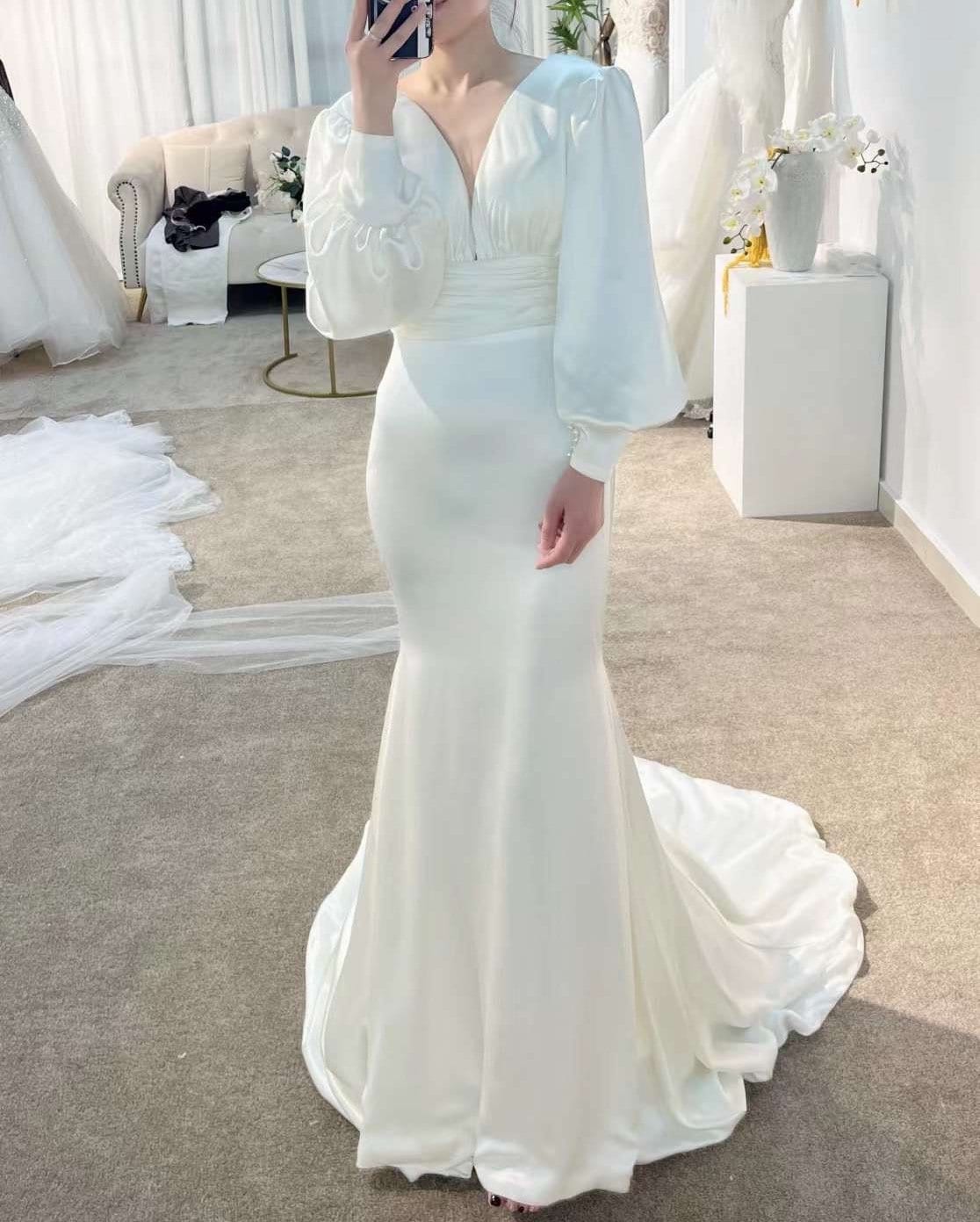 Minimalist Long Sleeve Satin A-line Wedding Bridal Dress, Custom Deep Shindig Threads Minimalist Long Sleeve Satin A-line Wedding Bridal Dress, Custom Deep Shindig Threads