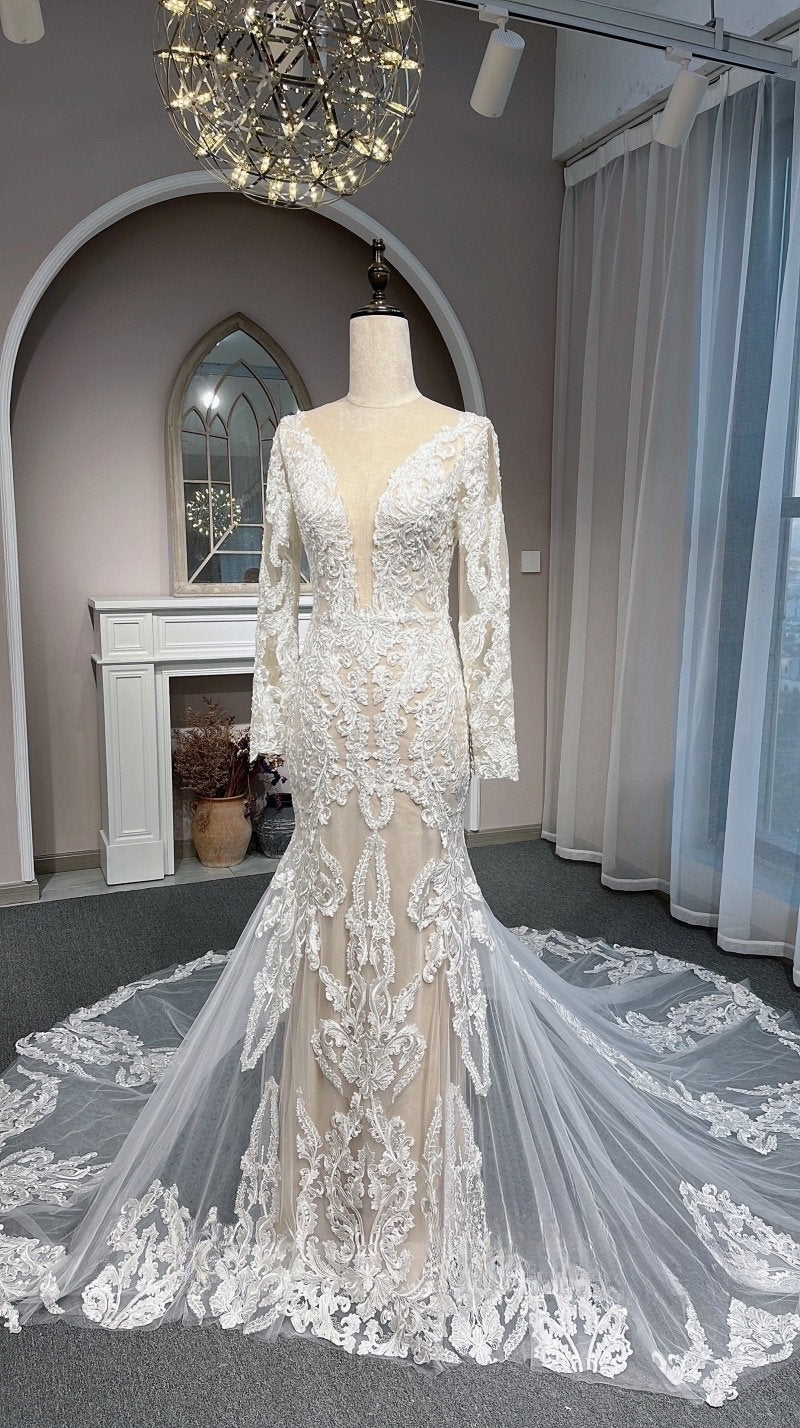Custom Long Sleeve Ivory Lace Mermaid Wedding Bridal Dress, Elegant Romantic Prom Party Gown Fairy Boho Princess Style. Custom Long Sleeve Ivory Lace Mermaid Wedding Bridal Dress, Elegant Romantic Prom Party Gown Fairy Boho Princess Style.