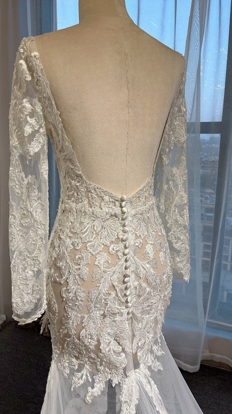 Custom Long Sleeve Ivory Lace Mermaid Wedding Bridal Dress, Elegant Romantic Prom Party Gown Fairy Boho Princess Style.