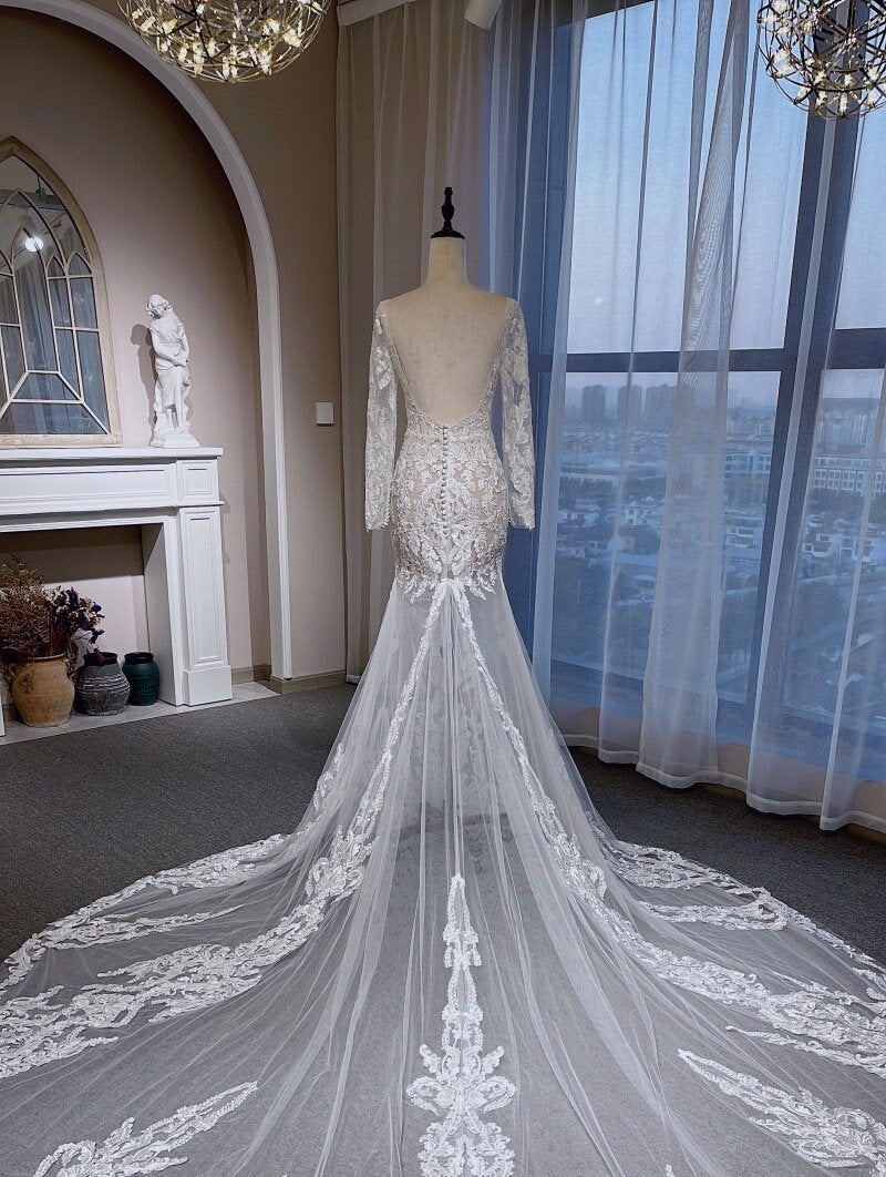 Custom Long Sleeve Ivory Lace Mermaid Wedding Bridal Dress, Elegant Romantic Prom Party Gown Fairy Boho Princess Style.