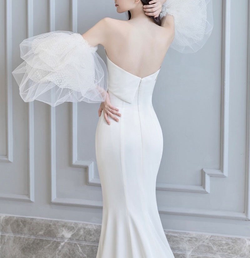 Custom off the shoulder Satin Mermaid Wedding Bridal Dress, Elegant Prom Party Gown with detachable Long sleeves Boho Princess Classic