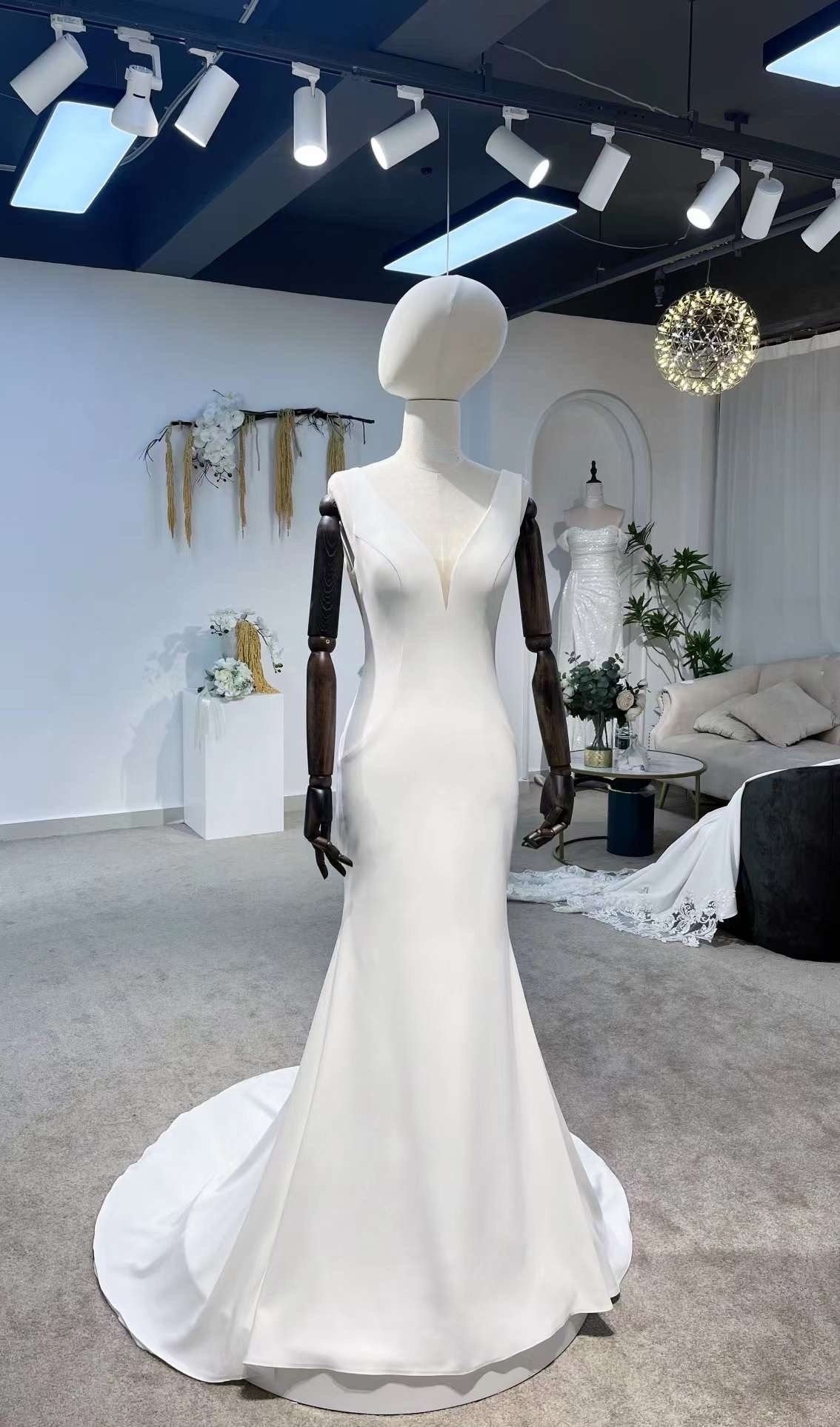 Minimalist satin mermaid courthouse wedding dress, v neck modest recep Shindig Threads Minimalist satin mermaid courthouse wedding dress, v neck modest recep Shindig Threads