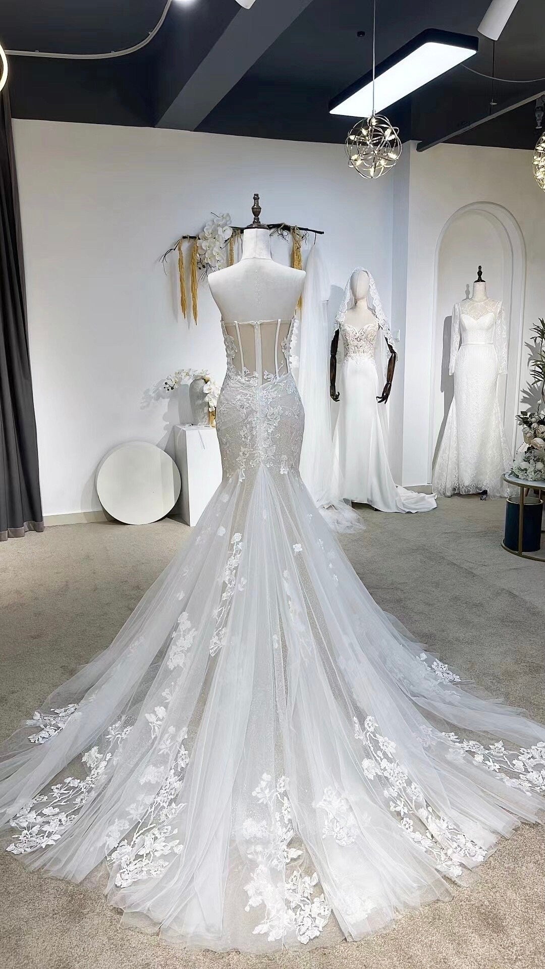 Fairy Corset Mermaid Wedding Bridal Dress, Custom Elegant Lace Gown, Unique Elopement Dress for Courthouse Wedding, Romentic Reception Dress