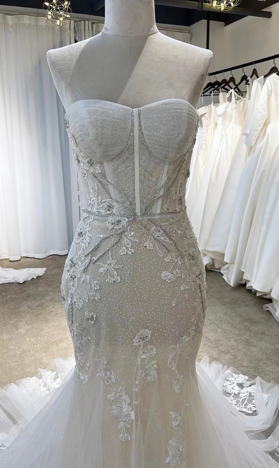 Fairy Corset Mermaid Wedding Bridal Dress, Custom Elegant Lace Gown, Unique Elopement Dress for Courthouse Wedding, Romentic Reception Dress