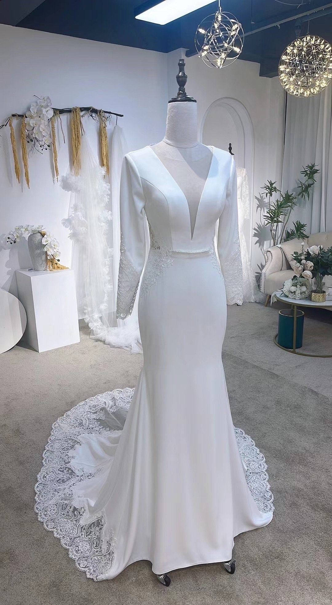 Minimalist Long Sleeve Satin Lace back Mermaid Wedding Bridal Dress, Custom V-Neck Elegant Prom Party Gown, Simple Classic Reception Dress Minimalist Long Sleeve Satin Lace back Mermaid Wedding Bridal Dress, Custom V-Neck Elegant Prom Party Gown, Simple Classic Reception Dress