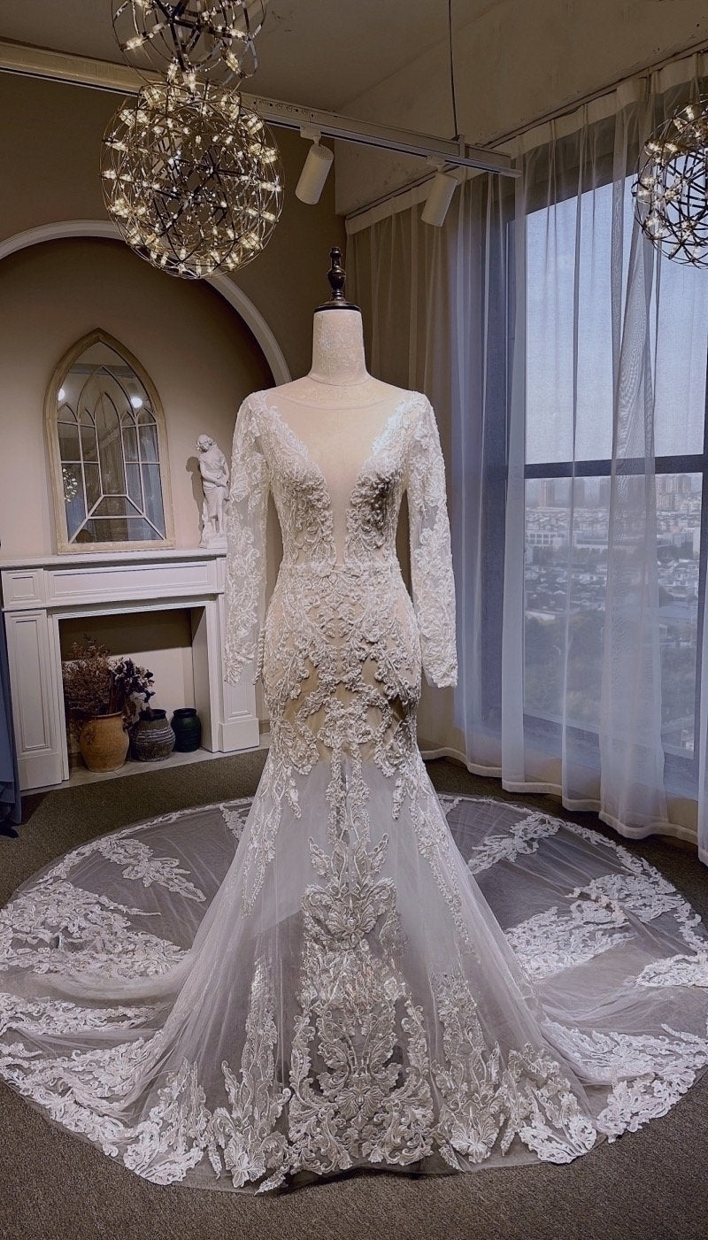 Custom Long Sleeve Ivory Lace Mermaid Wedding Bridal Dress, Elegant Romantic Prom Party Gown Fairy Boho Princess Style.