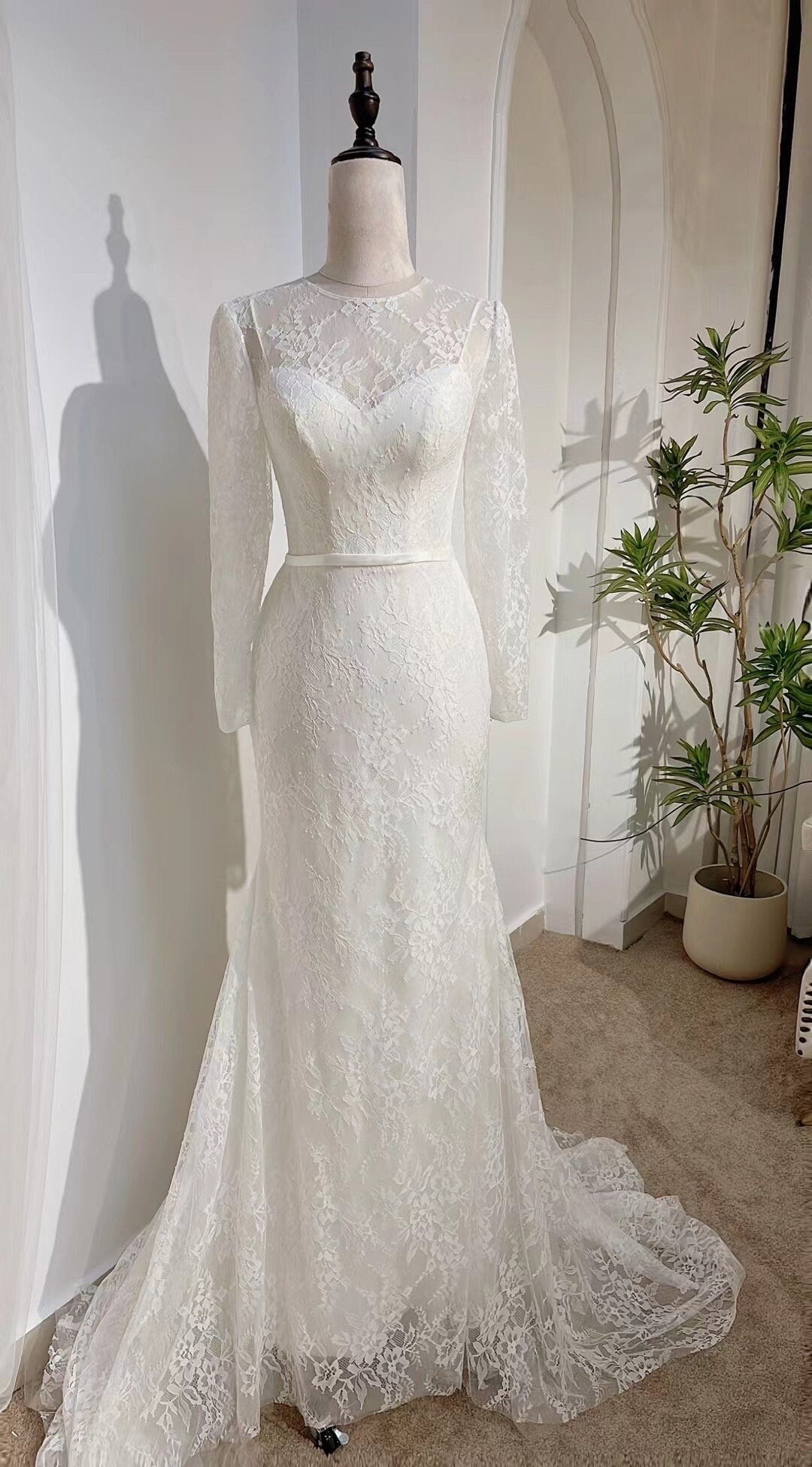 Long Sleeve Lace Mermaid Wedding Dress, romantic reception elopement dress for courthouse civil wedding
