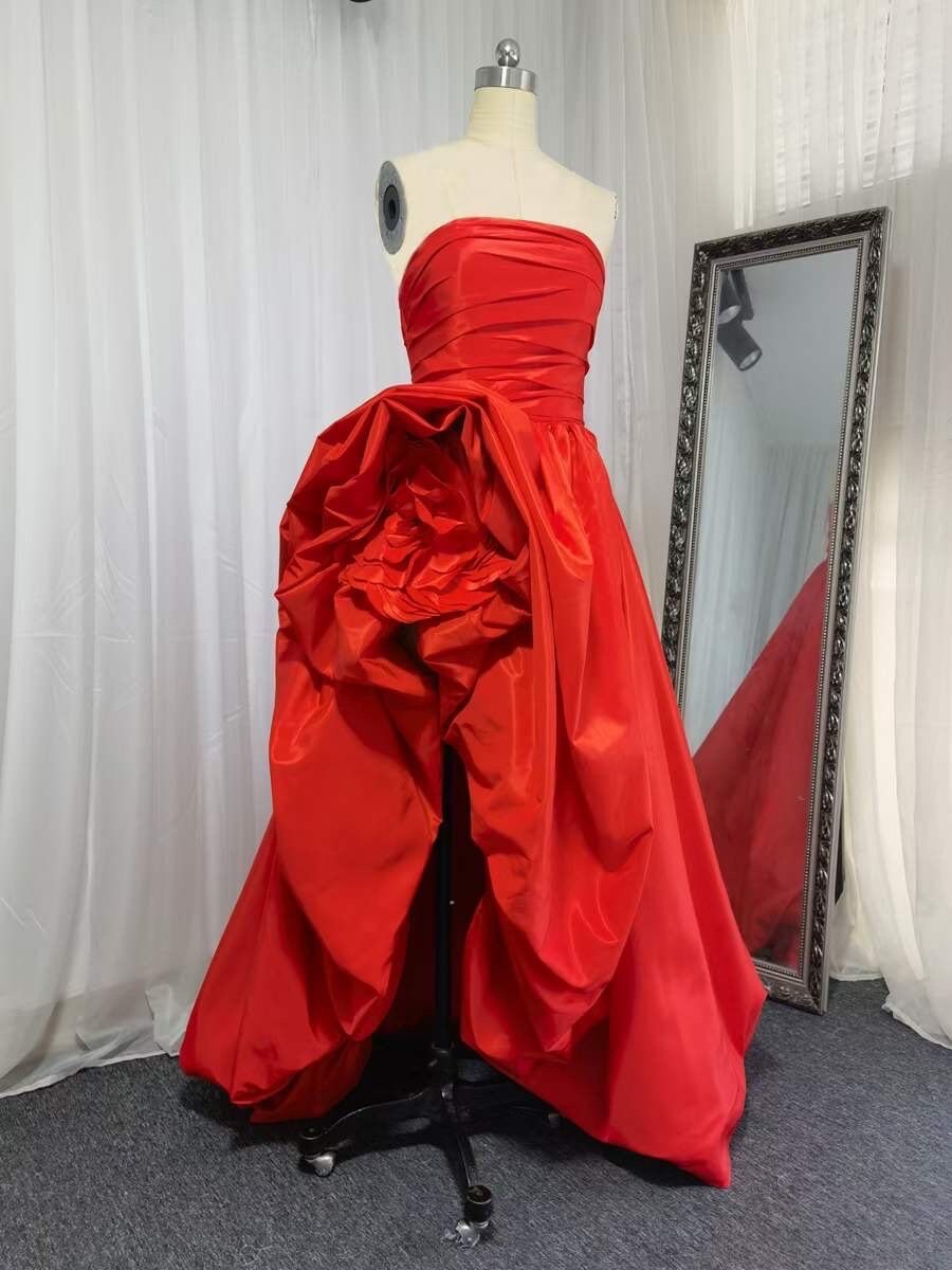 Unique High Low Satin Flower Shape Wedding Bridal Dress, Custom Minimalist Simple Elegant Prom Party Gown