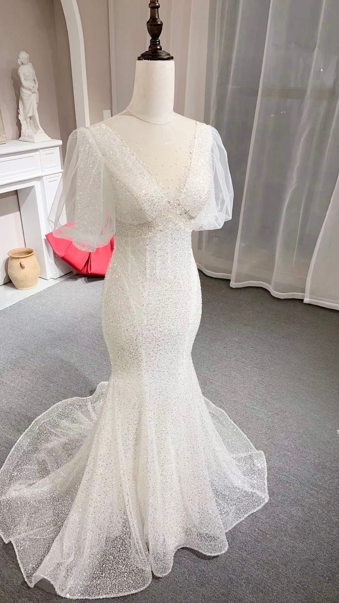 Fairy Puff Sleeve Beaded Mermaid Wedding Prom Dress, Courthouse Civil Reception Dress, Custom Unique Elopement Rehearsal Dress