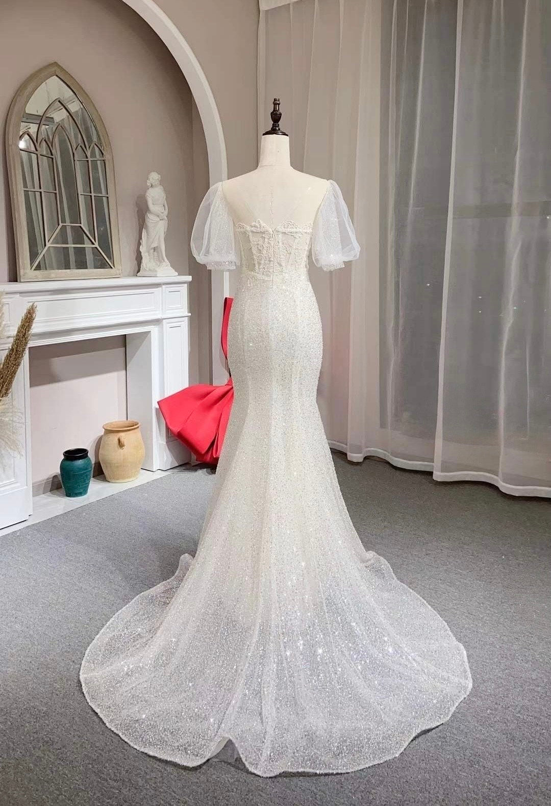 Fairy Puff Sleeve Beaded Mermaid Wedding Prom Dress, Courthouse Civil Reception Dress, Custom Unique Elopement Rehearsal Dress