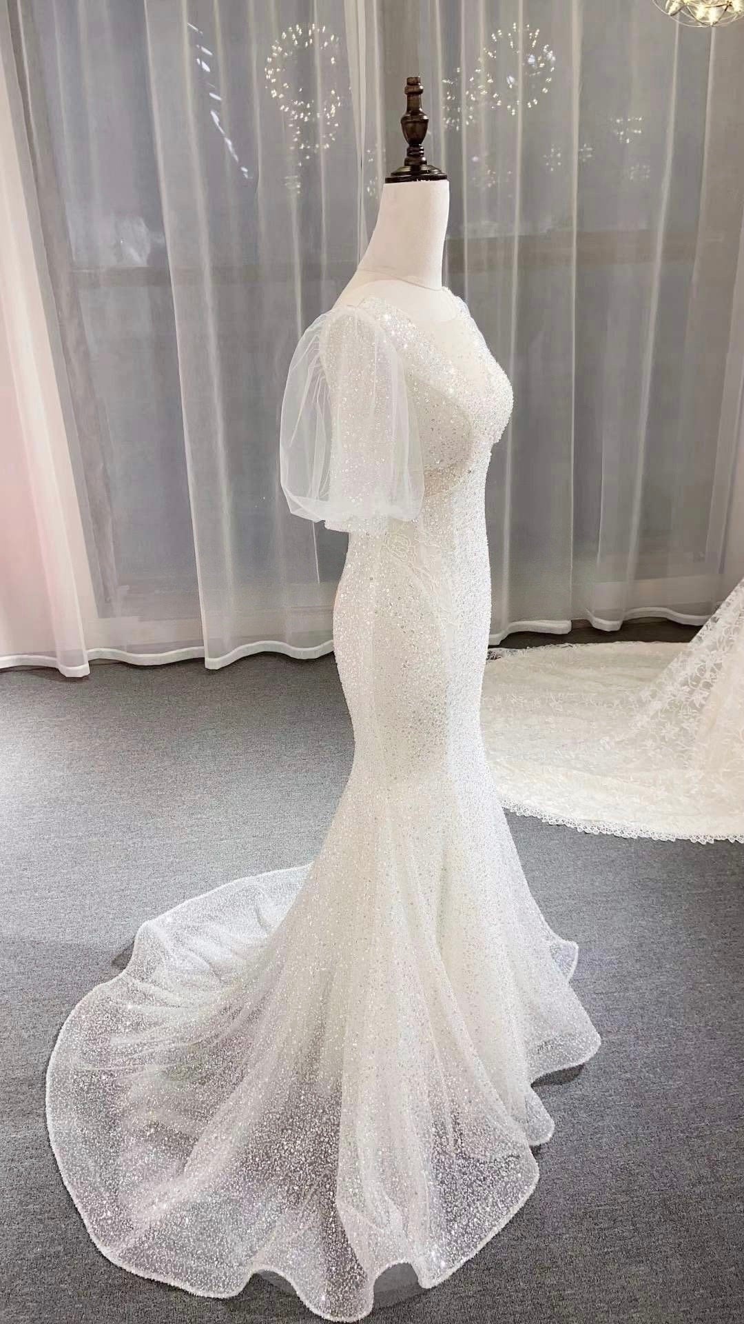 Fairy Puff Sleeve Beaded Mermaid Wedding Prom Dress, Courthouse Civil Reception Dress, Custom Unique Elopement Rehearsal Dress