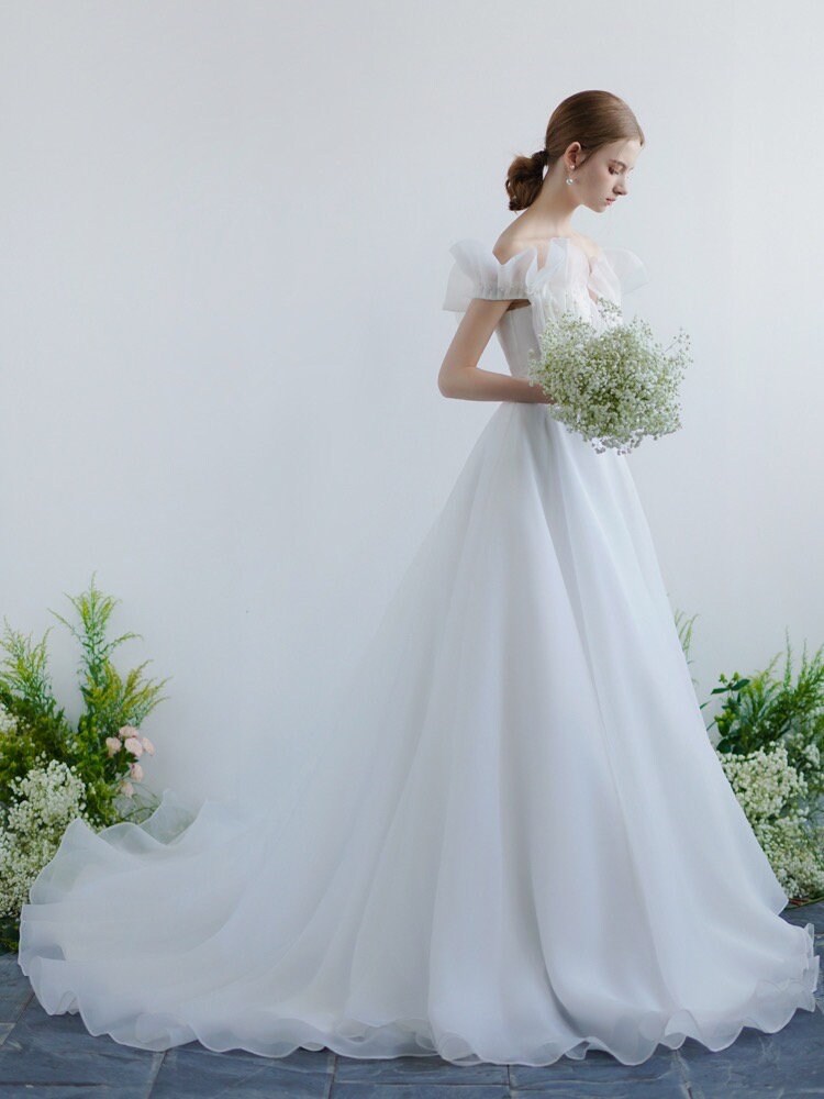 Off the shoulder fairy corset wedding prom dress with pearl, Romentic courthouse civil reception dress, Casual simple modest elopement gown