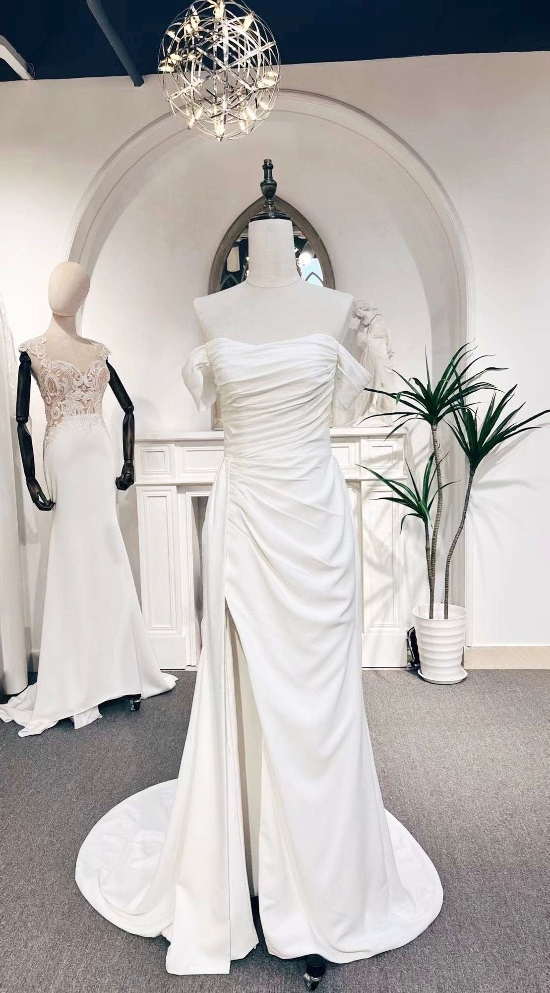 Minimalist off the shoulder satin corset slit A-line wedding dress, Si Shindig Threads Minimalist off the shoulder satin corset slit A-line wedding dress, Si Shindig Threads