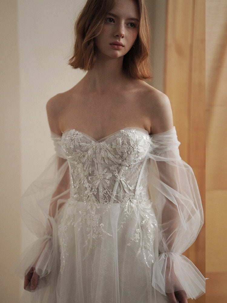 Fairy off shoulder corset wedding prom dress w detachable long sleeves, Courthouse civil reception dress, Casual modest elopement gown