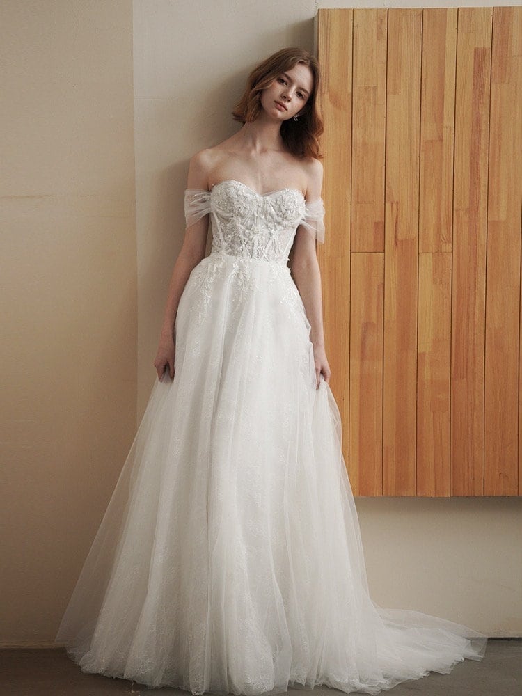 Fairy off shoulder corset wedding prom dress w detachable long sleeves, Courthouse civil reception dress, Casual modest elopement gown