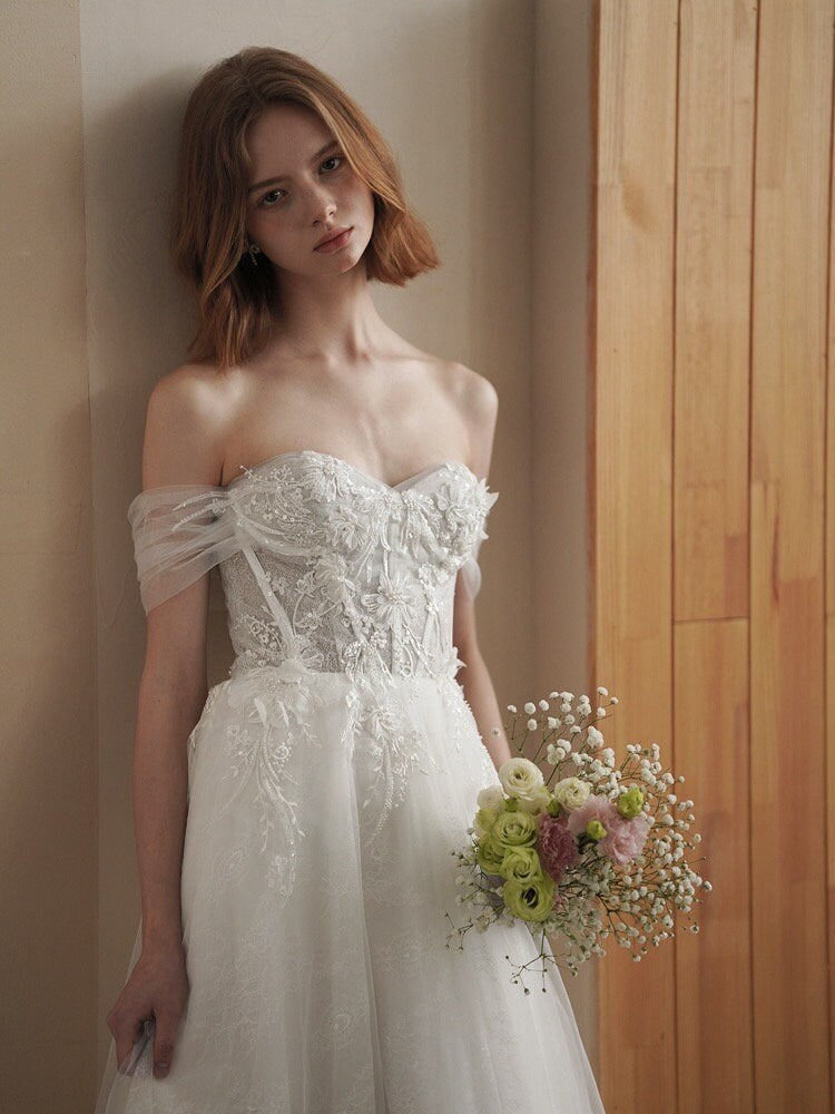 Fairy off shoulder corset wedding prom dress w detachable long sleeves, Courthouse civil reception dress, Casual modest elopement gown