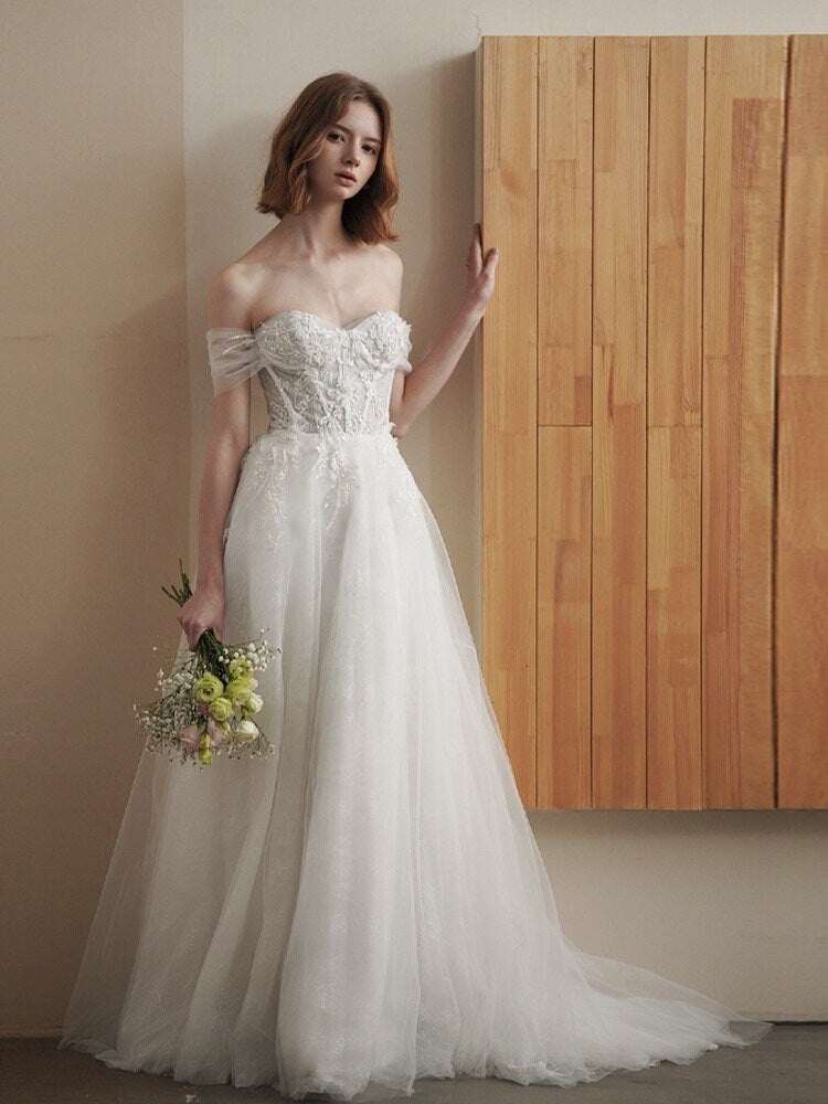 Fairy off shoulder corset wedding prom dress w detachable long sleeves, Courthouse civil reception dress, Casual modest elopement gown