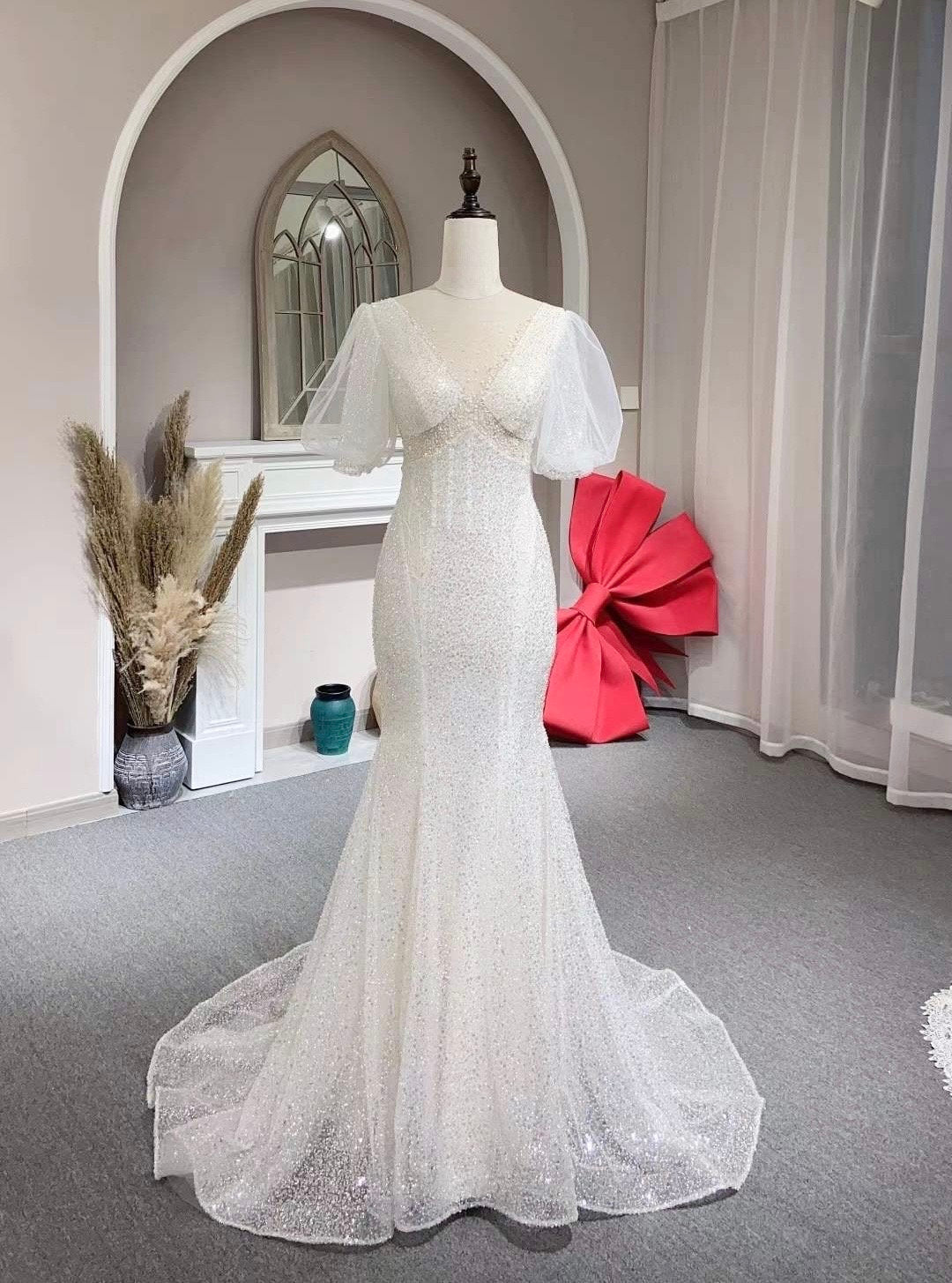 Fairy Puff Sleeve Beaded Mermaid Wedding Prom Dress, Courthouse Civil Shindig Threads Fairy Puff Sleeve Beaded Mermaid Wedding Prom Dress, Courthouse Civil Shindig Threads