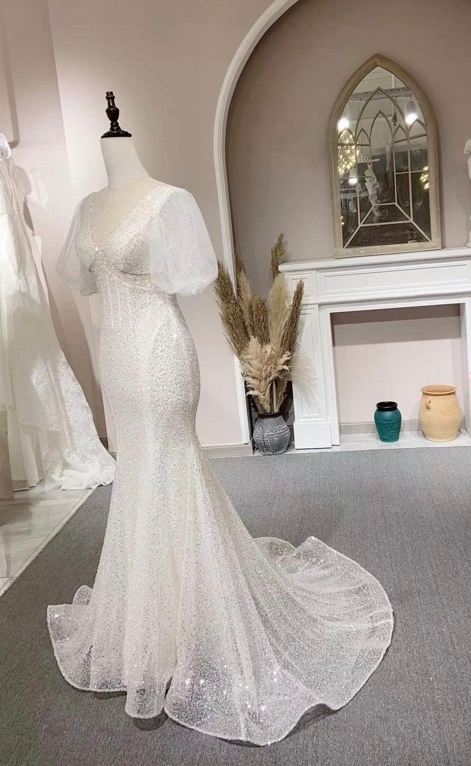 Fairy Puff Sleeve Beaded Mermaid Wedding Prom Dress, Courthouse Civil Reception Dress, Custom Unique Elopement Rehearsal Dress