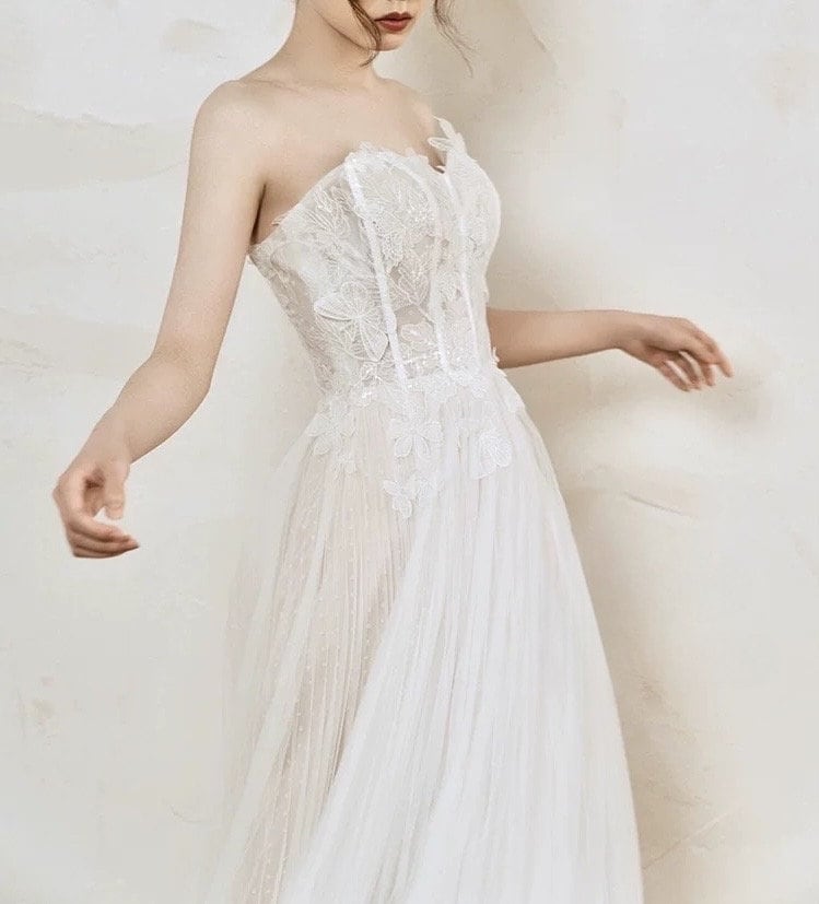 Fairy floral 3D butterfly wedding prom dress, custom unique courthouse civil gown, casual romantic reception elopement rehearsal dress