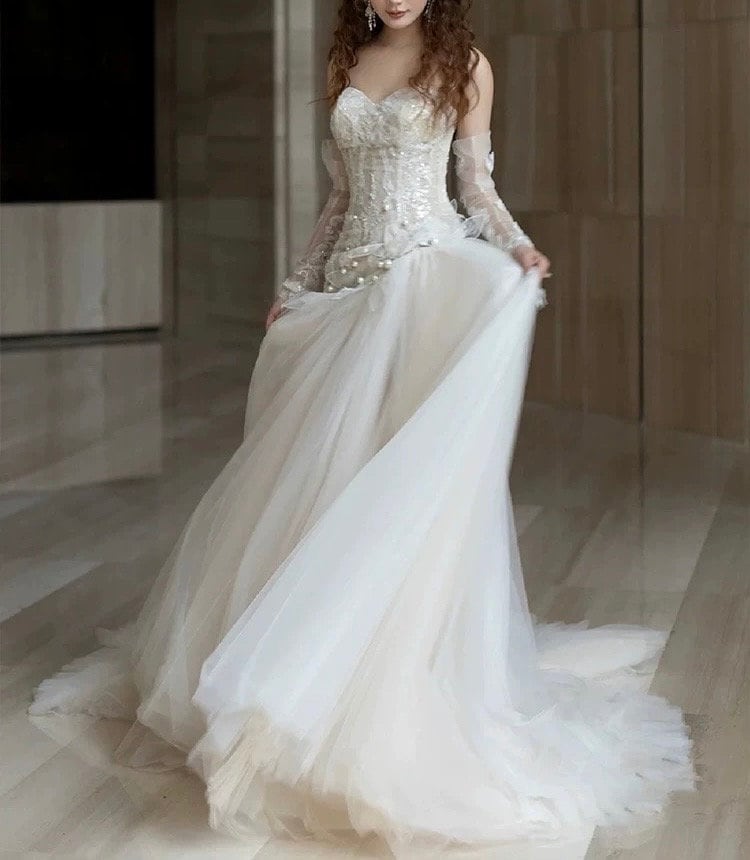 Long Sleeve Fairy Corset Mermaid Wedding Prom Dress, Custom Simple Modest Reception Elopement Dress, Unique Courthouse Civil Gown